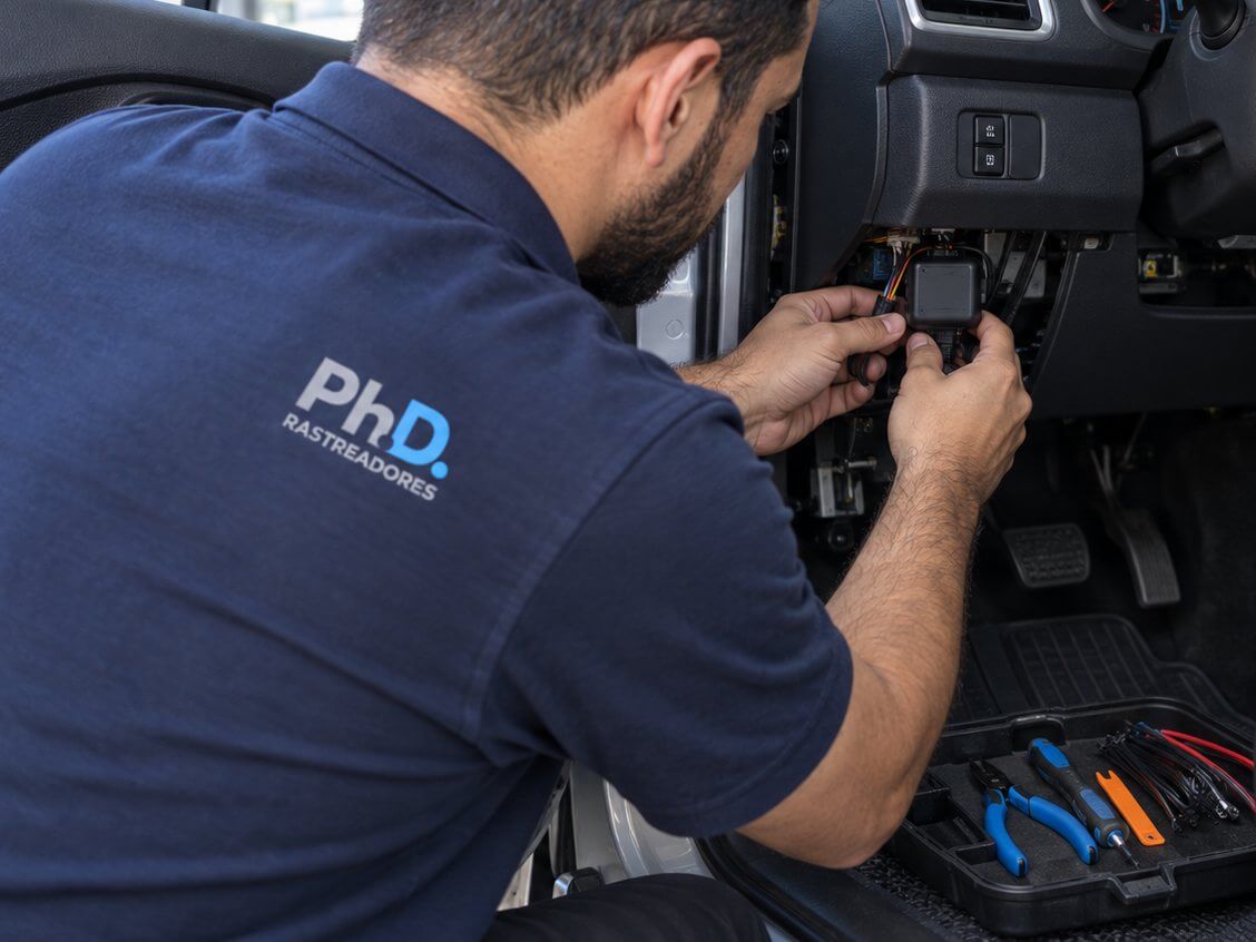 Técnico da PHD instalando o rastreador sob o painel de um veículo