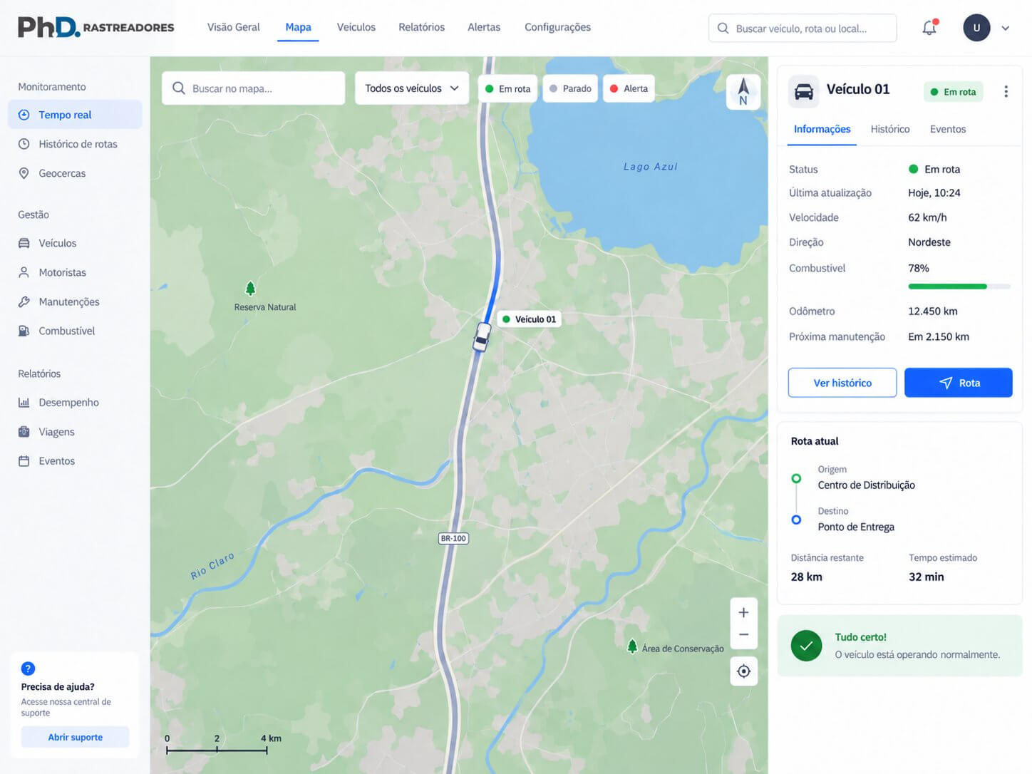 Tela do sistema da PHD mostrando o veículo localizado no mapa, com velocidade, rota e status